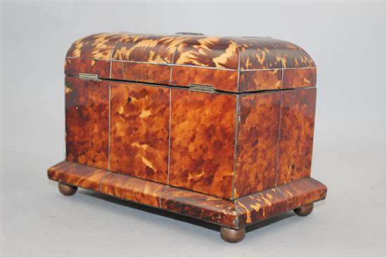 A Regency tortoiseshell and mother of pearl inlaid two division tea caddy, 7.75in.